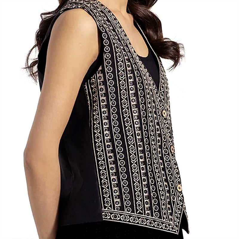 Women's Black with White Embroidered Top