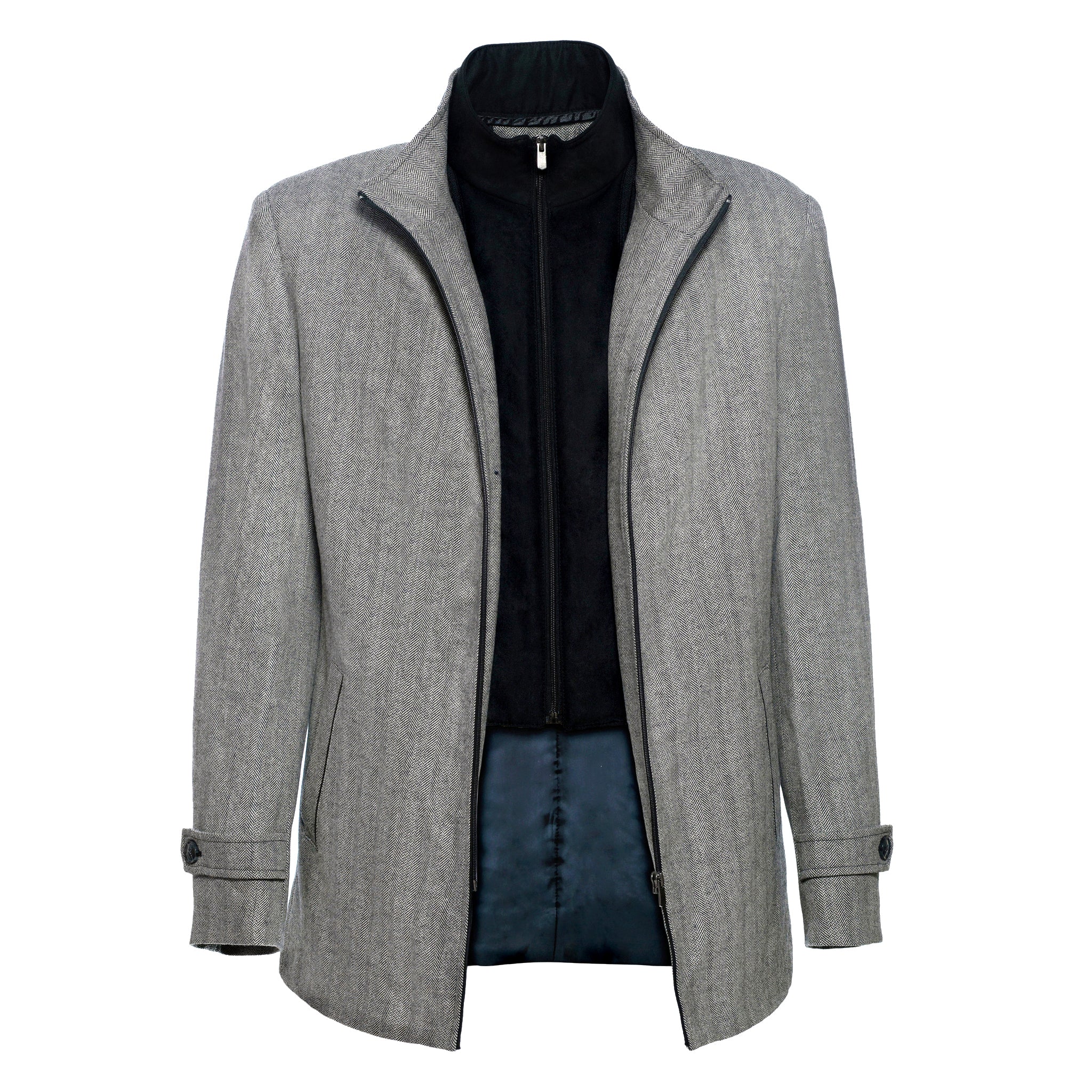 men's black & white overcoat with herringbone pattern